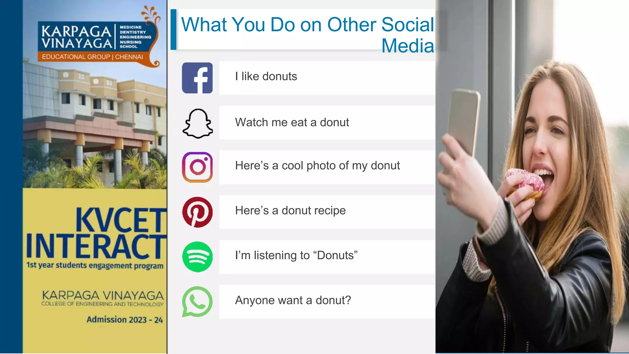 What You Do on Other Social
Media
I like donuts
Watch me eat a donut
Here’s a cool photo of my donut
Here’s a donut recipe
I’m listening to “Donuts”
Anyone want a donut?
 