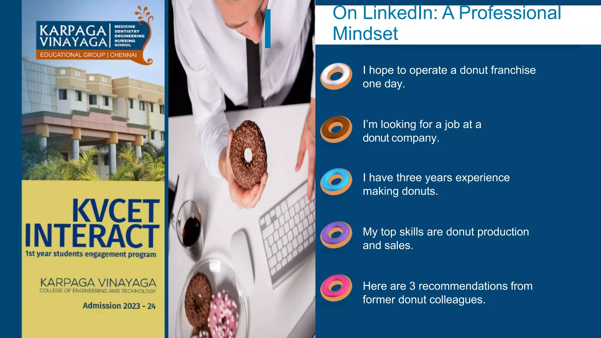 On LinkedIn: A Professional
Mindset
I hope to operate a donut franchise
one day.
I’m looking for a job at a
donut company.
I have three years experience
making donuts.
My top skills are donut production
and sales.
Here are 3 recommendations from
former donut colleagues.
 
