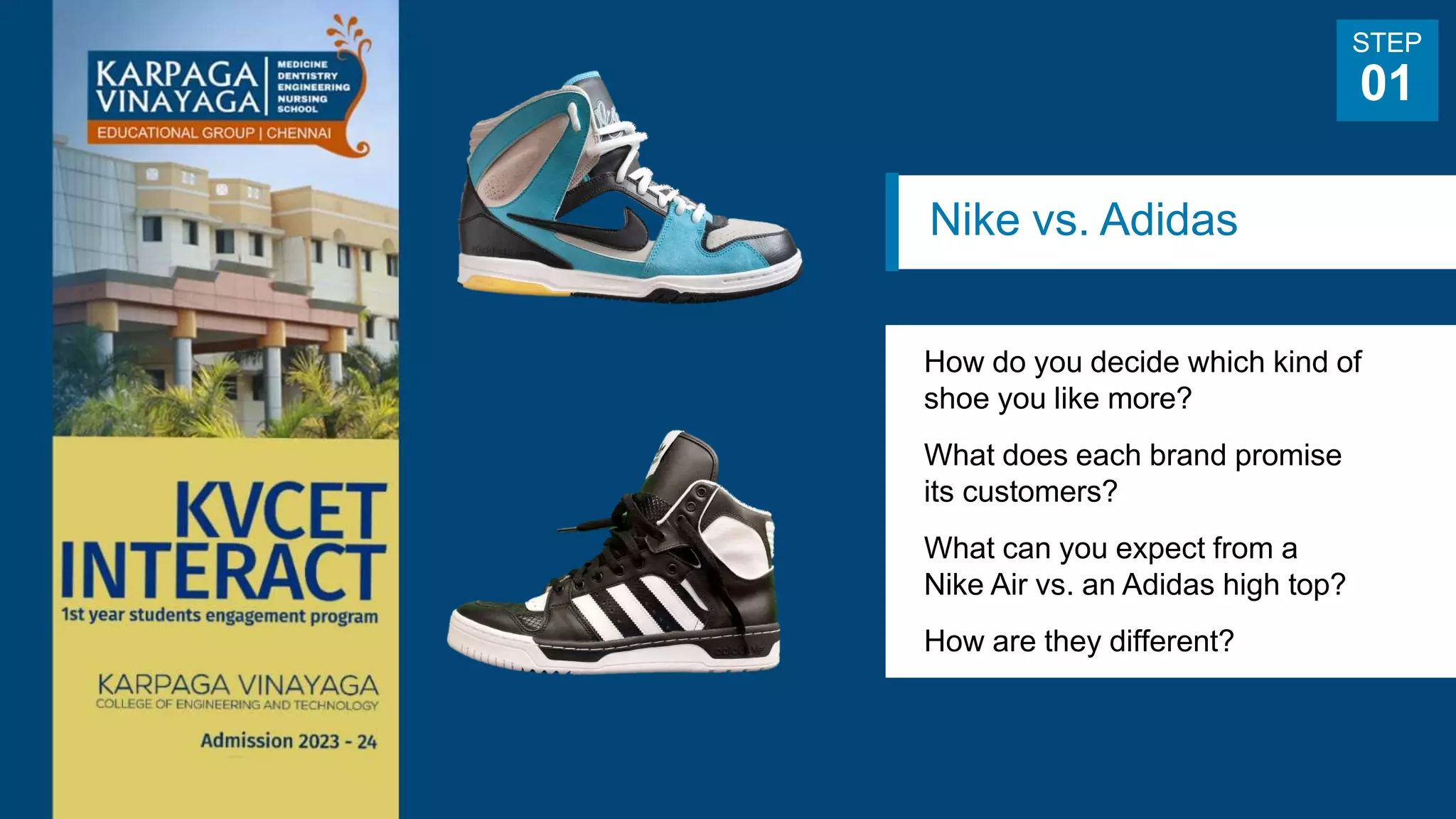 Nike vs. Adidas
How do you decide which kind of
shoe you like more?
What does each brand promise
its customers?
What can you expect from a
Nike Air vs. an Adidas high top?
How are they different?
STEP
01
 