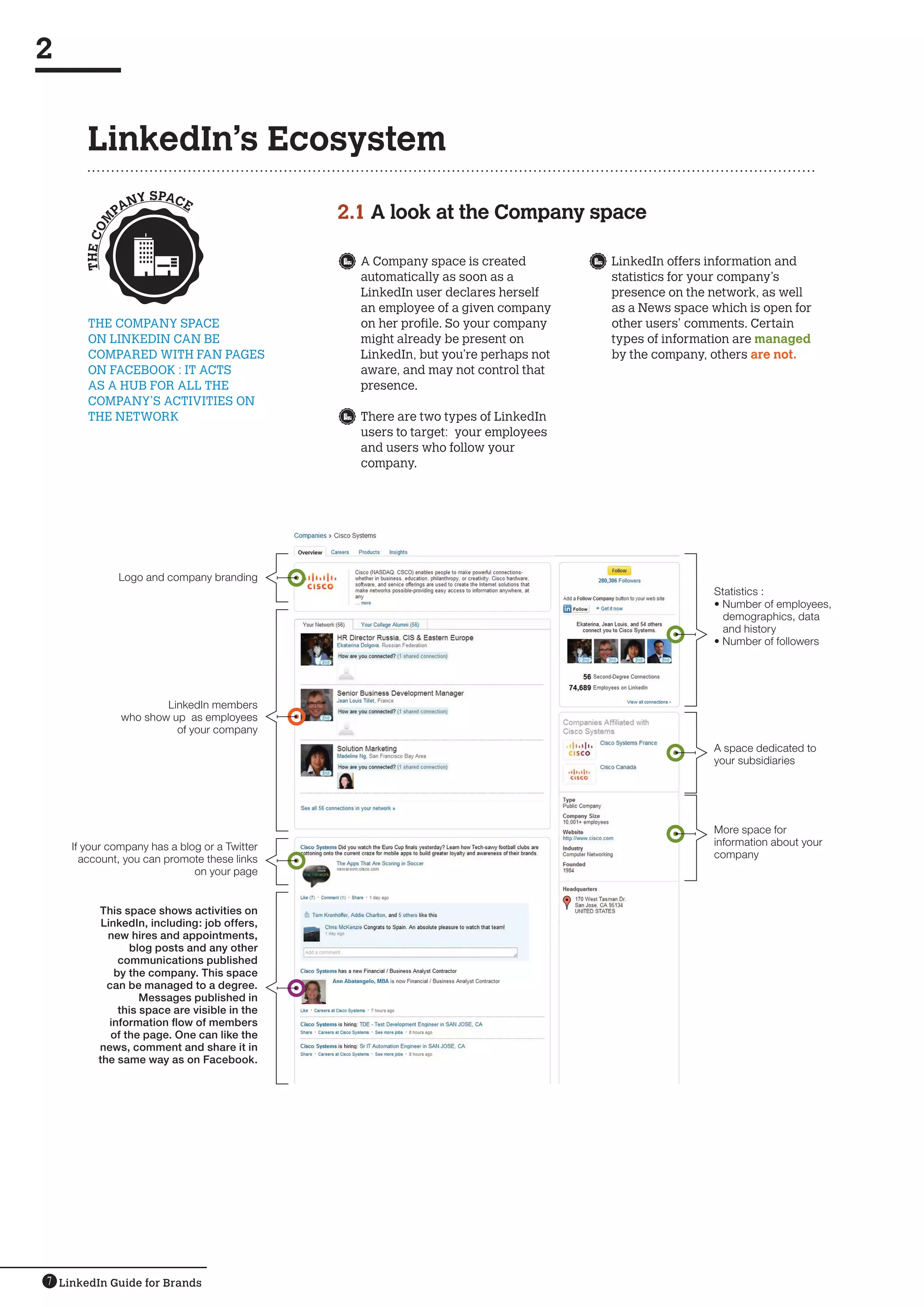 2


       LinkedIn’s Ecosystem
                   N   Y SPACE
                PA                             2.1 A look at the Company space
         M
      TH E CO




                                                	 A Company space is created         	 LinkedIn offers information and
                                                  automatically as soon as a           statistics for your company’s
                                                  LinkedIn user declares herself       presence on the network, as well
                                                  an employee of a given company       as a News space which is open for
       The Company space                          on her profile. So your company      other users’ comments. Certain
       on LinkedIn can be                         might already be present on          types of information are managed
       compared with fan pages                    LinkedIn, but you’re perhaps not     by the company, others are not.
       on Facebook : it acts                      aware, and may not control that
       as a hub for all the                       presence.
       company’s activities on
       the network                              	 There are two types of LinkedIn
                                                  users to target: your employees
                                                  and users who follow your
                                                  company.




                Logo and company branding
                                                                                                       Statistics :
                                                                                                       • Number of employees,
                                                                                                         demographics, data
                                                                                                         and history
                                                                                                       • Number of followers




                         LinkedIn members
                 who show up as employees
                           of your company
                                                                                                       A space dedicated to
                                                                                                       your subsidiaries




                                                                                                       More space for
    If your company has a blog or a Twitter                                                            information about your
      account, you can promote these links                                                             company
                             on your page


          This space shows activities on
           LinkedIn, including: job offers,
            new hires and appointments,
                 blog posts and any other
               communications published
              by the company. This space
            can be managed to a degree.
                    Messages published in
               this space are visible in the
             information flow of members
             of the page. One can like the
          news, comment and share it in
          the same way as on Facebook.




7 LinkedIn Guide for Brands
 