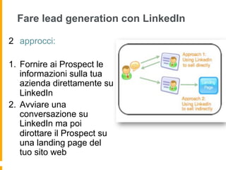 Fare lead generation con LinkedIn

2  approcci:

1.  Fornire ai Prospect le
    informazioni sulla tua
    azienda direttamente su
    LinkedIn
2.  Avviare una
    conversazione su
    LinkedIn ma poi
    dirottare il Prospect su
    una landing page del
    tuo sito web
 