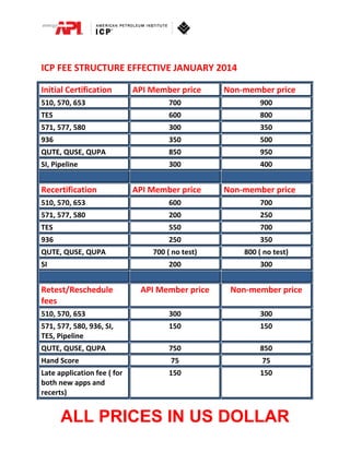 ICP FEE STRUCTURE EFFECTIVE JANUARY 2014 
Initial Certification API Member price Non‐member price 
510, 570, 653 700 900 
TES 600 800 
571, 577, 580 300 350 
936 350 500 
QUTE, QUSE, QUPA 850 950 
SI, Pipeline 300 400 
Recertification API Member price Non‐member price 
510, 570, 653 600 700 
571, 577, 580 200 250 
TES 550 700 
936 250 350 
QUTE, QUSE, QUPA 700 ( no test) 800 ( no test) 
SI 200 300 
Retest/Reschedule 
fees 
API Member price Non‐member price 
510, 570, 653 300 300 
571, 577, 580, 936, SI, 
150 150 
TES, Pipeline 
QUTE, QUSE, QUPA 750 850 
Hand Score 75 75 
Late application fee ( for 
both new apps and 
recerts) 
150 150 
ALL PRICES IN US DOLLAR 
 