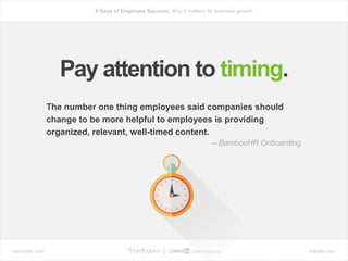 bamboohr.com linkedin.com
6 Keys of Employee Success: Why it matters for business growth
The number one thing employees said companies should
change to be more helpful to employees is providing
organized, relevant, well-timed content.
—BambooHR Onboarding
Pay attention to timing.
 
