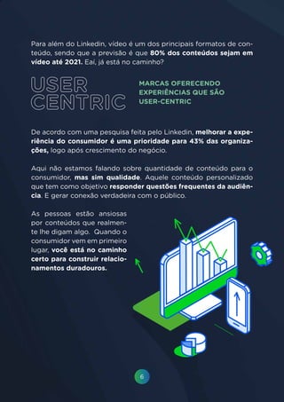 6
Para além do Linkedin, vídeo é um dos principais formatos de con-
teúdo, sendo que a previsão é que 80% dos conteúdos sejam em
vídeo até 2021. Eaí, já está no caminho?
MARCAS OFERECENDO
EXPERIÊNCIAS QUE SÃO
USER-CENTRIC
De acordo com uma pesquisa feita pelo Linkedin, melhorar a expe-
riência do consumidor é uma prioridade para 43% das organiza-
ções, logo após crescimento do negócio.
Aqui não estamos falando sobre quantidade de conteúdo para o
consumidor, mas sim qualidade. Aquele conteúdo personalizado
que tem como objetivo responder questões frequentes da audiên-
cia. E gerar conexão verdadeira com o público.
As pessoas estão ansiosas
por conteúdos que realmen-
te lhe digam algo. Quando o
consumidor vem em primeiro
lugar, você está no caminho
certo para construir relacio-
namentos duradouros.
 