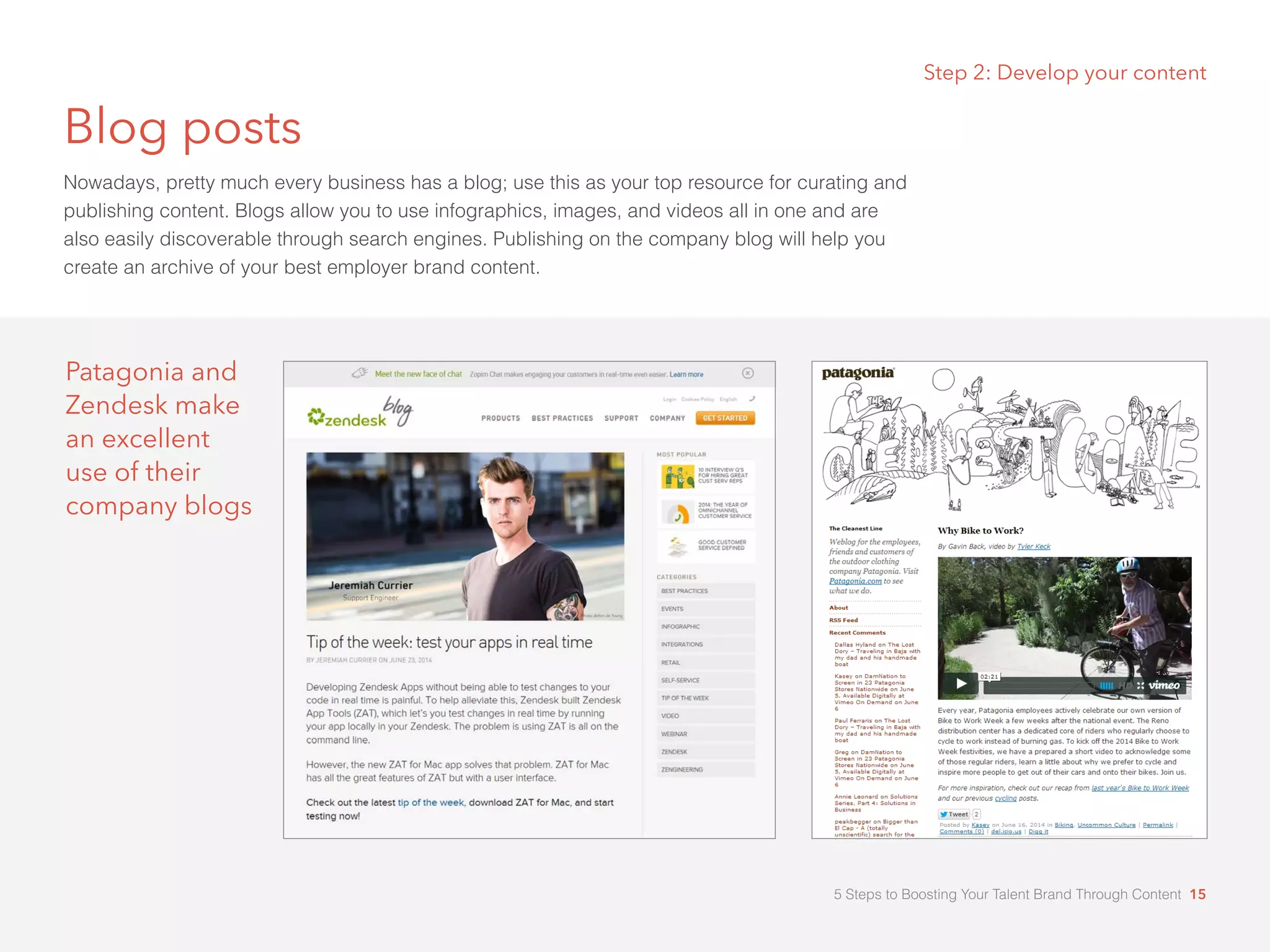 Blog posts
Nowadays, pretty much every business has a blog; use this as your top resource for curating and
publishing content. Blogs allow you to use infographics, images, and videos all in one and are
also easily discoverable through search engines. Publishing on the company blog will help you
create an archive of your best employer brand content.
Step 2: Develop your content
Patagonia and
Zendesk make
an excellent
use of their
company blogs
5 Steps to Boosting Your Talent Brand Through Content 15
 