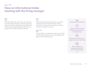 10Data Driven Recruiting
Why:
To clearly define the role you are recruiting for.
The initial intake meeting is critical to get right
because the latter stages involve spending a lot
of time researching candidates and nurturing
prospects in the talent pool you defined.
Next step:
Set up a follow-up meeting to discuss your talent
pool findings, tweak your sourcing strategy, and
agree on the execution plan.
How:
During the meeting, ask questions so you fully
understand the role. Get examples of high
performers in these roles now, that your hiring
manager would want to clone.
Have an informational intake
meeting with the hiring manager
Step 1
Have an informational
intake meeting with your
hiring manager
1
Step
Research and refine your
target talent pool with data
2
Have a follow-up
strategy meeting with
your hiring manager
3
 