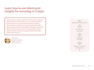 19Data Driven Recruiting
Learn how to use talent pool
insights for recruiting in 3 steps
Dion Love
Narrative Strategist,
CEB (Corporate
Executive Board)
Search once
and save
1
Step
Interpret
the data
2
Save your searches
and pipeline
3
“Data isn’t new. Getting insight from it also isn’t new. But the
amount of data we have access to now, combined with the
speed it comes at us means that the smartest recruiting
organizations are finding new ways to gather and analyze
data at speeds previously unthinkable. And they’re using that
data not only to make smarter recruiting decisions but to
influence broader business strategy that determines talent
needs in the first place.”
 