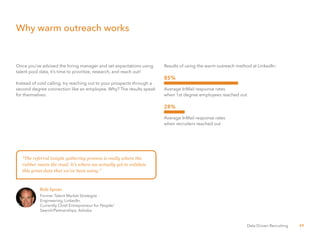 40Data Driven Recruiting
Once you’ve advised the hiring manager and set expectations using
talent pool data, it’s time to prioritize, research, and reach out!
Instead of cold calling, try reaching out to your prospects through a
second degree connection like an employee. Why? The results speak
for themselves.
Results of using the warm outreach method at LinkedIn:
85%
28%
Average InMail response rates
when 1st degree employees reached out
Average InMail response rates
when recruiters reached out
Why warm outreach works
Bob Spoer
Former Talent Market Strategist -
Engineering, LinkedIn.
Currently Chief Entrepreneur for People/
Search/Partnerships, Ashoka.
“The referral insight gathering process is really where the
rubber meets the road. It’s where we actually get to validate
this great data that we’ve been using.”
 