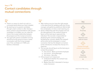 41Data Driven Recruiting
Why:
•	 There’s no reason to reach out cold in a
	 connected world where you have LinkedIn!
•	 By reaching out to passive candidates
	 through a warm contact or after sharing a
	 warm contact’s recommendations with passive
	 candidates in an InMail, you can make the
	 most of the trusted relationship between
	 the prospect and the mutual connection.
•	 Your goal with passive candidate sourcing		
	 should be for the person to have a career
	 conversation with the hiring manager,
	 even if the candidate isn’t 100% sure
	 he/she is interested.
How:
•	 After making sure you have the right people
	 in the talent pool by validating with your hiring 	
	 manager and gathering additional referral data 	
	 from employees, it’s time to start reaching out.
•	 Build a relationship with the prospect and use 	
	 the data gathered in the research phase to 		
	 figure out the best way to approach the
	 individual. The recruiter is responsible for
	 developing the outreach strategy and
	 facilitating the process. Ideally, the outreach 	
	 will be done by the employee or mutual
	 connection that has the deepest connection
	 to the individual to increase the chances of a 	
	response.
•	 The recruiter should figure out the best way to 	
	 contact the prospect
•	 First choice – Most connected employee
•	 2nd choice – Hiring Manager
•	 3rd choice – Recruiter
•	 If the prospect isn’t responsive:
•	 Understand whether the outreach was 		
	 specific enough.
•	 Maybe they aren’t interested in having a 	
	 career discussion.
Contact candidates through
mutual connections
Step 3
Prioritize
1
Step
Research and
referral check
2
Contact through
mutual connections
3
Pipeline
proactively
4
 