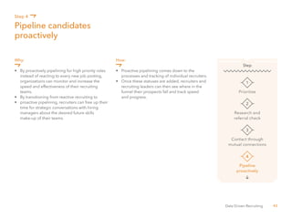 42Data Driven Recruiting
Why:
•	 By proactively pipelining for high priority roles 	
	 instead of reacting to every new job posting,
	 organizations can monitor and increase the 		
	 speed and effectiveness of their recruiting 		
	teams.
•	 By transitioning from reactive recruiting to
•	 proactive pipelining, recruiters can free up their 	
	 time for strategic conversations with hiring 		
	 managers about the desired future skills
	 make-up of their teams.
How:
•	 Proactive pipelining comes down to the
	 processes and tracking of individual recruiters.
•	 Once these statuses are added, recruiters and 	
	 recruiting leaders can then see where in the 		
	 funnel their prospects fall and track speed
	 and progress.
Pipeline candidates
proactively
Step 4
Prioritize
1
Step
Research and
referral check
2
Contact through
mutual connections
3
Pipeline
proactively
4
 