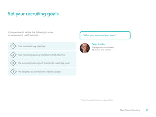 45Data Driven Recruiting
Set your recruiting goals
It’s imperative to define the following in order
to measure and reach success:
1
Flickr Creative Commons Isaac Mao
Peter Drucker
Management consultant,
educator, and author.
“What gets measured gets done.”
Your business’ key objective
The success metrics you’ll monitor to reach that goal
Your recruiting goal as it relates to that objective
The targets you want to hit to reach success
1
3
2
4
 