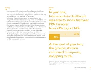 57Data Driven Recruiting
Strategy:
•	 Intermountain’s HR analytics team formed a cross-disciplinary 	
	 team with members from the organizational effectiveness,
	 recruiting, and finance teams. They resolved to decrease first-year 	
	 turnover among PRN new hires by 12 percent.
•	 To improve the recruiting process, the team selected and
	 analyzed four metrics: 1) pre-screening scores for candidates sent 	
	 to hiring managers for review; 2) the percent of those candidates 	
	 actually interviewed; 3) the percent of interviewed candidates 	
	 who become five-star quality hires; and 4) the 90-day retention 	
	 rate for these candidates. They monitored these on a dashboard.
•	 After analyzing, the team decided to refine the screening
	 questions to more accurately represent the role of a PRN at
	 Intermountain and to filter out less-qualified candidates.
•	 Most importantly, the team created new tools for managers and 	
	 employees to manage their schedules via mobile devices since 	
	 employee feedback revealed that scheduling challenges were the 	
	 number one cause of turnover.
Results:
In year one,
Intermountain Healthcare
was able to shrink first-year
PRN turnover
from 41% to just 14%.
At the start of year two,
the group’s attrition
continued to improve,
dropping to 5%.
Bersin by Deloitte, WhatWorks Brief: High-Impact Talent Analytics—
Building a World-Class HR Measurement and Analytics Function,
(April 2014).
41%
14%
 