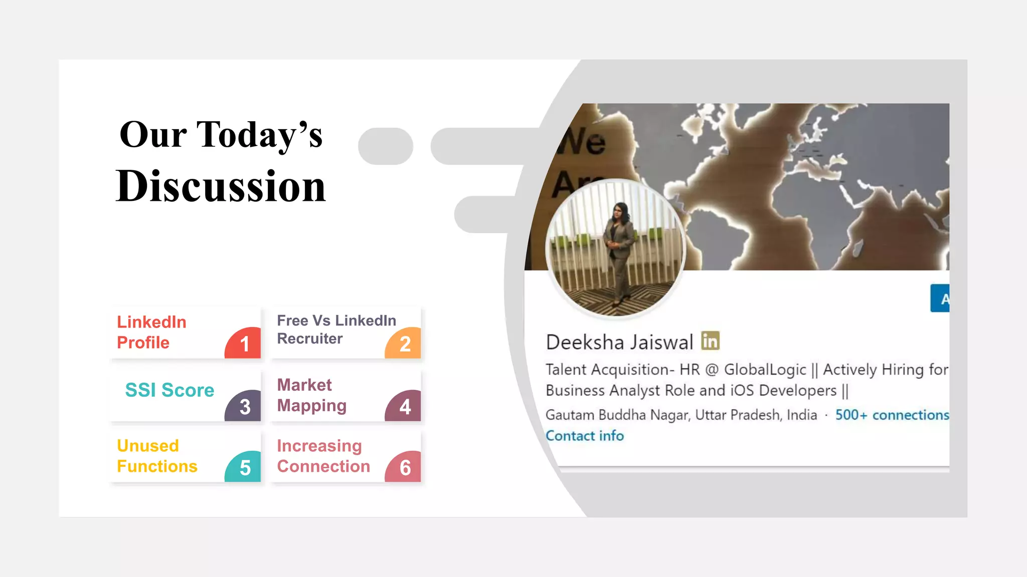 5
Unused
Functions 6
Increasing
Connection
sa
3 4
Market
Mapping
Our Today’s
Discussion
1
LinkedIn
Profile 2
Free Vs LinkedIn
Recruiter
SSI Score
 