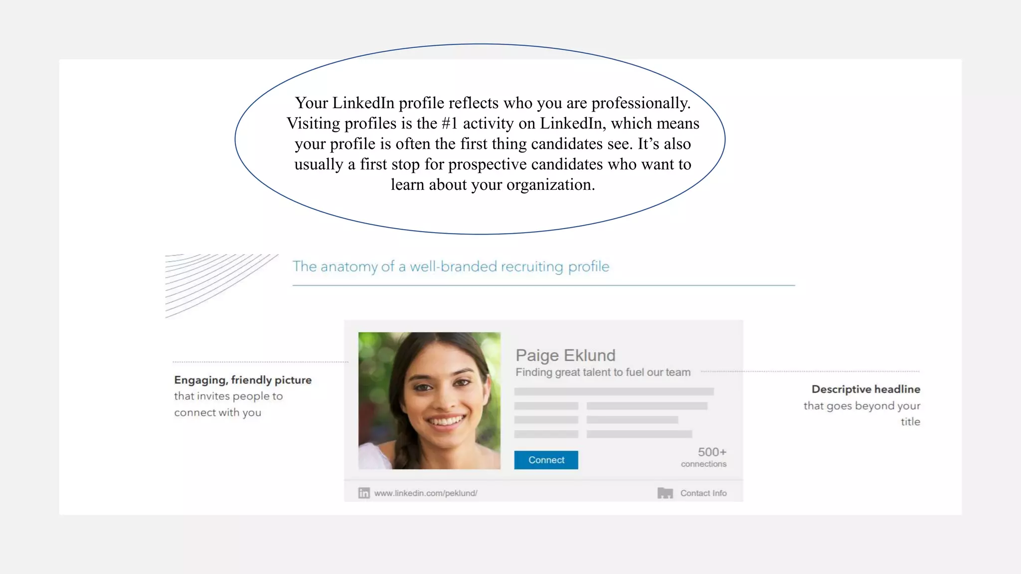Your LinkedIn profile reflects who you are professionally.
Visiting profiles is the #1 activity on LinkedIn, which means
your profile is often the first thing candidates see. It’s also
usually a first stop for prospective candidates who want to
learn about your organization.
 