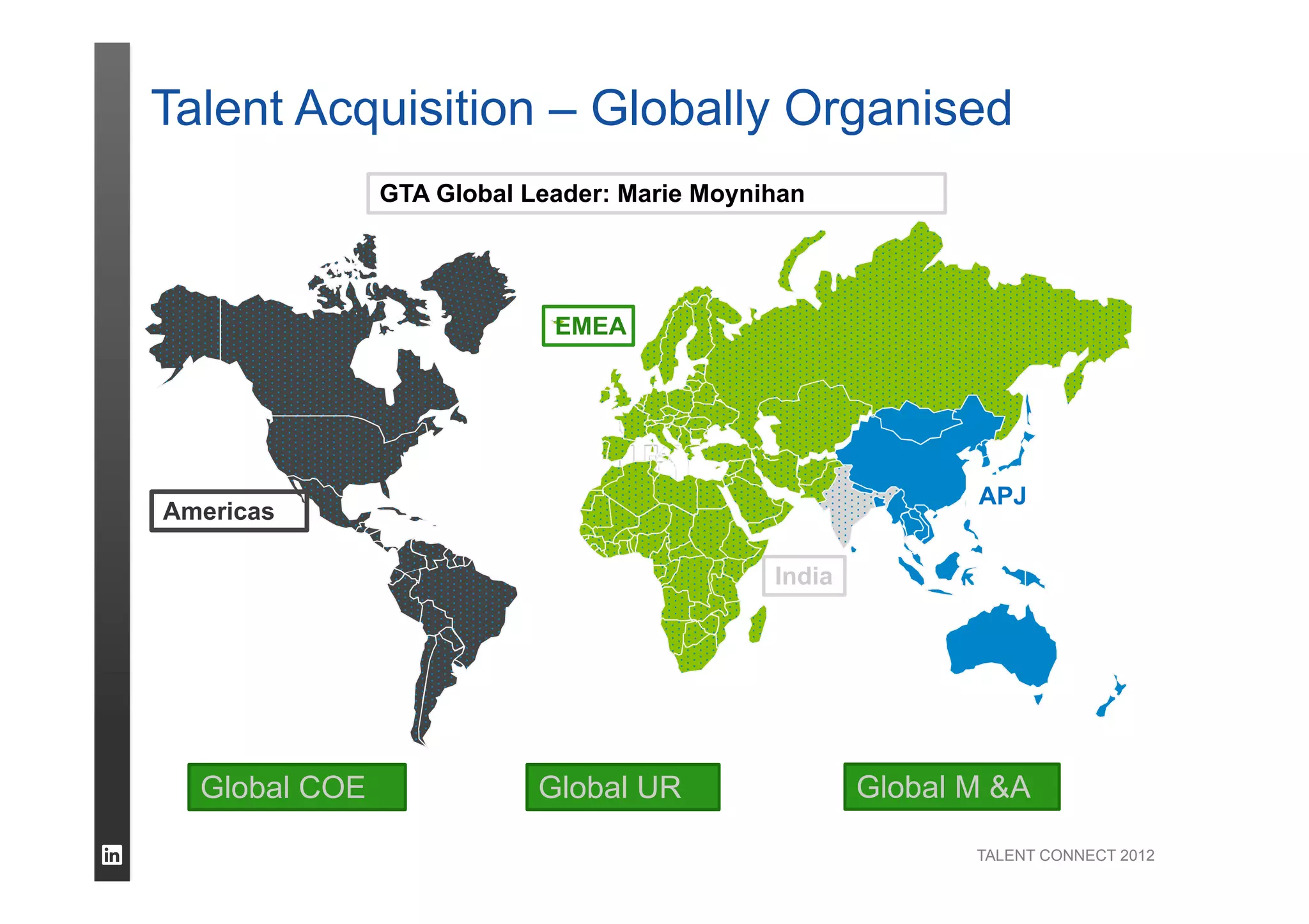 TALENT CONNECT 2012
Talent Acquisition – Globally Organised
Americas
EMEA
India
APJ
GTA Global Leader: Marie Moynihan
Global COE Global UR Global M &A
 