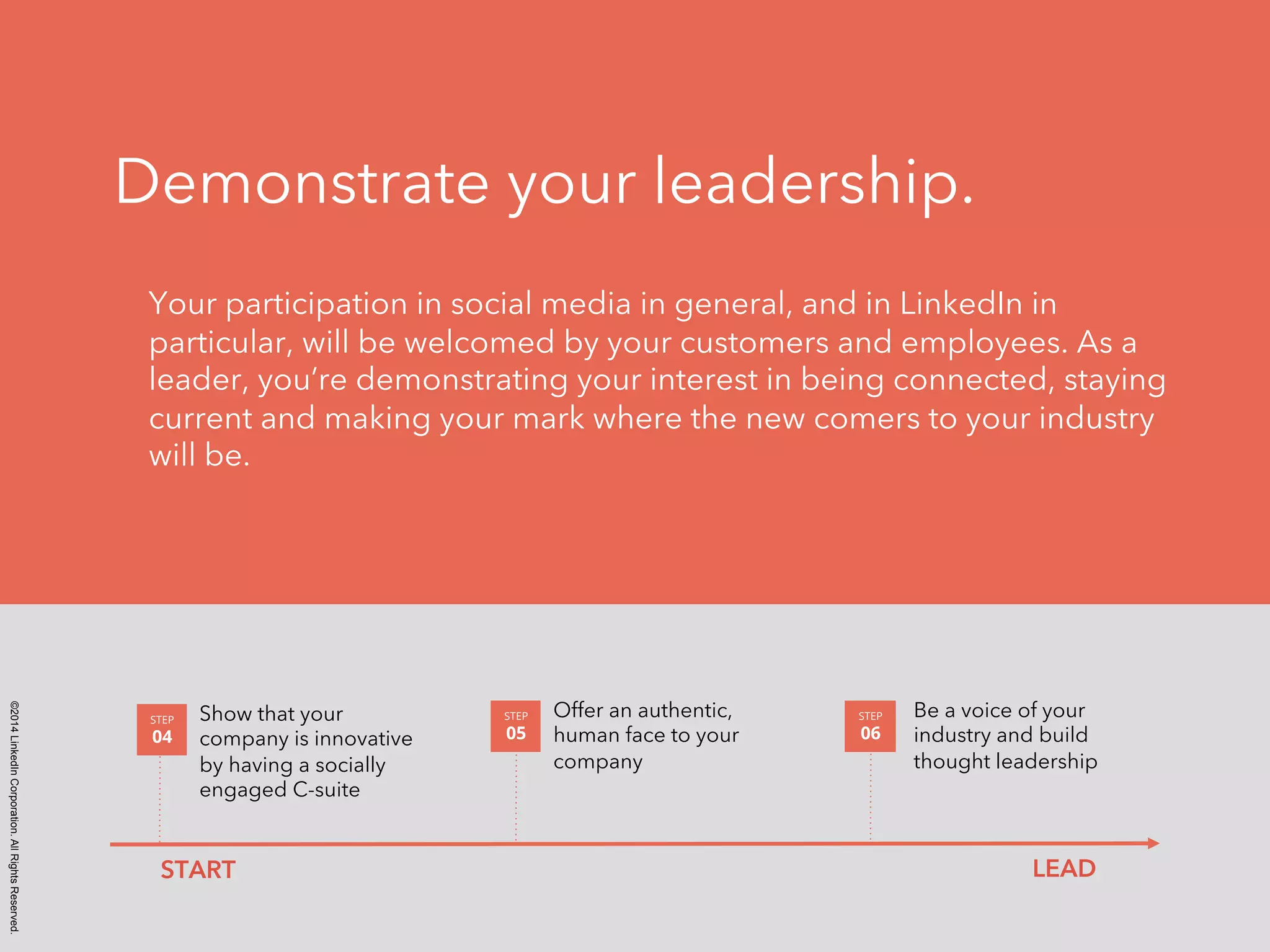 ©2014 LinkedIn Corporation. All Rights Reserved. 
Demonstrate your leadership. 
Your participation in social media in general, and in LinkedIn in 
particular, will be welcomed by your customers and employees. As a 
leader, you’re demonstrating your interest in being connected, staying 
current and making your mark where the new comers to your industry 
will be. 
Show that your 
company is innovative 
by having a socially 
engaged C-suite 
STEP 
04 
Offer an authentic, 
human face to your 
company 
STEP 
05 
Be a voice of your 
industry and build 
thought leadership 
STEP 
06 
START LEAD 
 