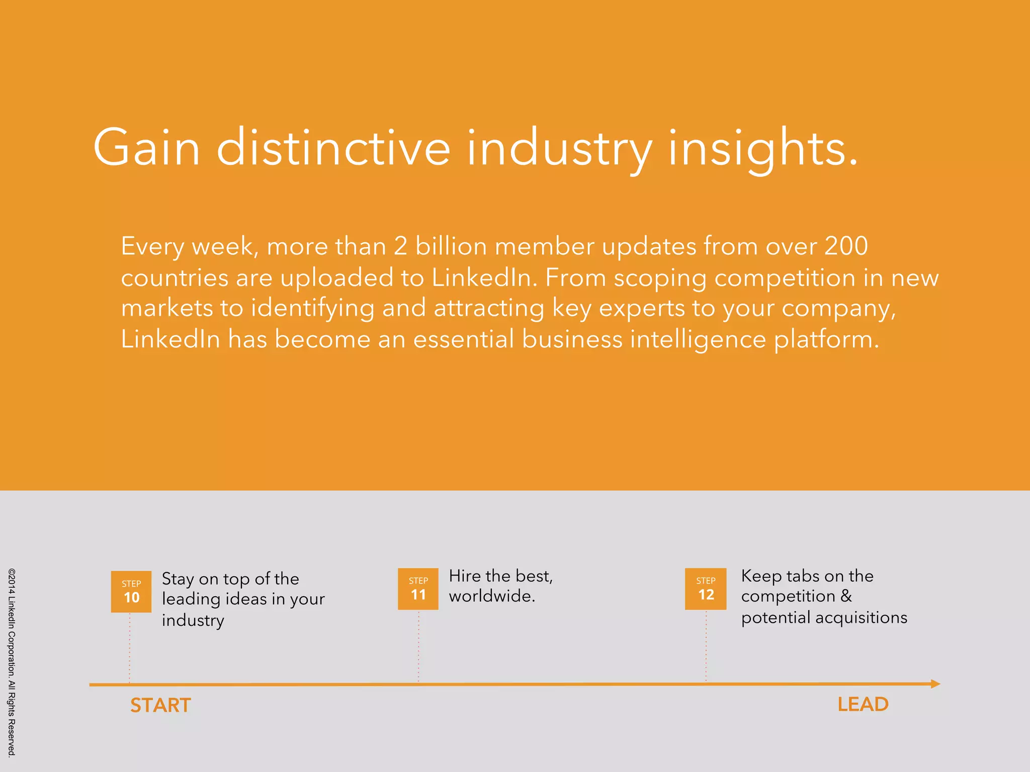 ©2014 LinkedIn Corporation. All Rights Reserved. 
Gain distinctive industry insights. 
Every week, more than 2 billion member updates from over 200 
countries are uploaded to LinkedIn. From scoping competition in new 
markets to identifying and attracting key experts to your company, 
LinkedIn has become an essential business intelligence platform. 
Stay on top of the 
leading ideas in your 
industry 
STEP 
10 
Hire the best, 
worldwide. 
STEP 
11 
Keep tabs on the 
competition & 
potential acquisitions 
STEP 
12 
START LEAD 
 
