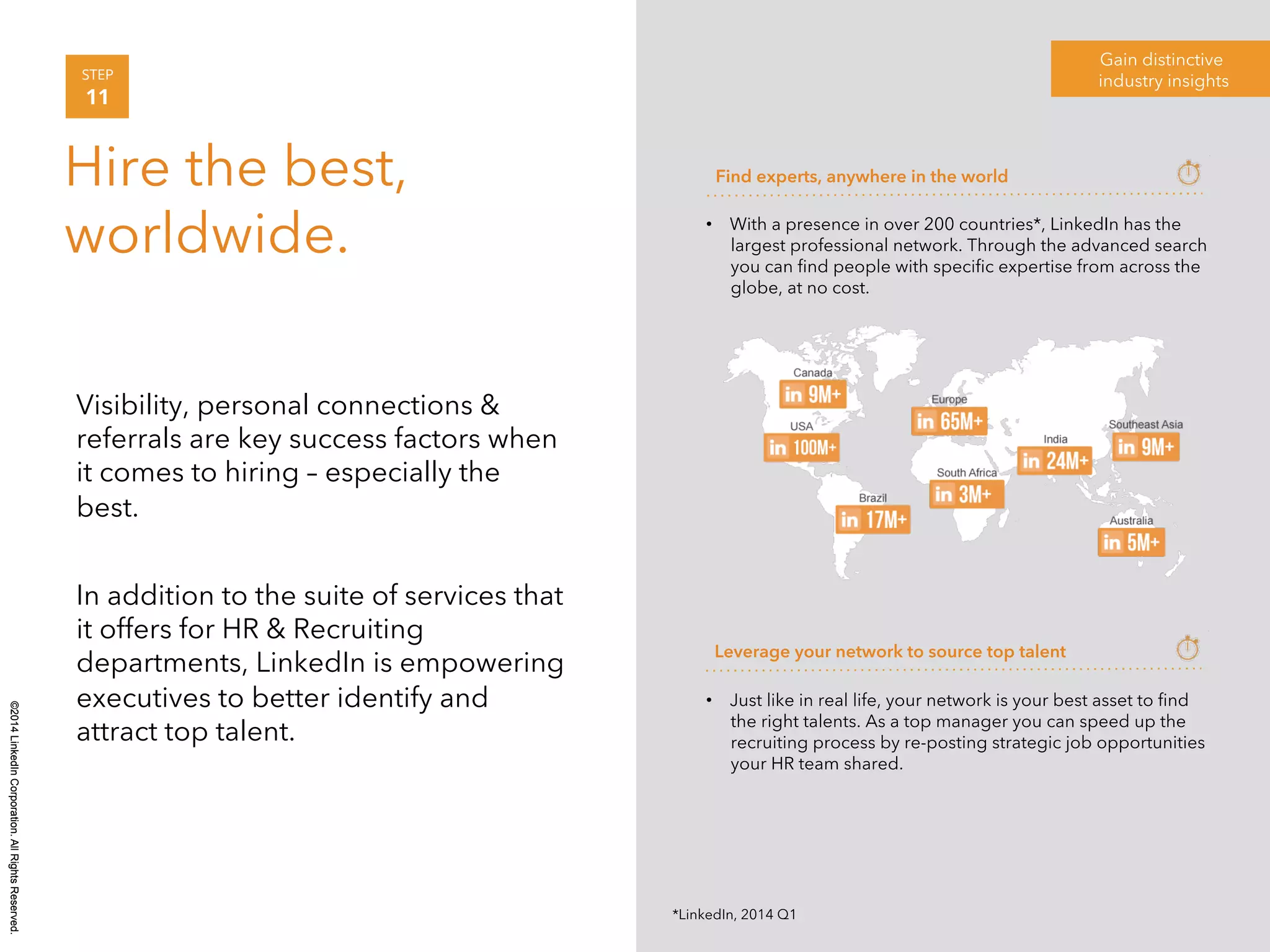 ©2014 LinkedIn Corporation. All Rights Reserved. 
Gain distinctive 
STEP industry insights 
11 
Hire the best, 
worldwide. 
Visibility, personal connections & 
referrals are key success factors when 
it comes to hiring – especially the 
best. 
In addition to the suite of services that 
it offers for HR & Recruiting 
departments, LinkedIn is empowering 
executives to better identify and 
attract top talent. 
Find experts, anywhere in the world 
• With a presence in over 200 countries*, LinkedIn has the 
largest professional network. Through the advanced search 
you can find people with specific expertise from across the 
globe, at no cost. 
Leverage your network to source top talent 
• Just like in real life, your network is your best asset to find 
the right talents. As a top manager you can speed up the 
recruiting process by re-posting strategic job opportunities 
your HR team shared. 
*LinkedIn, 2014 Q1 
 