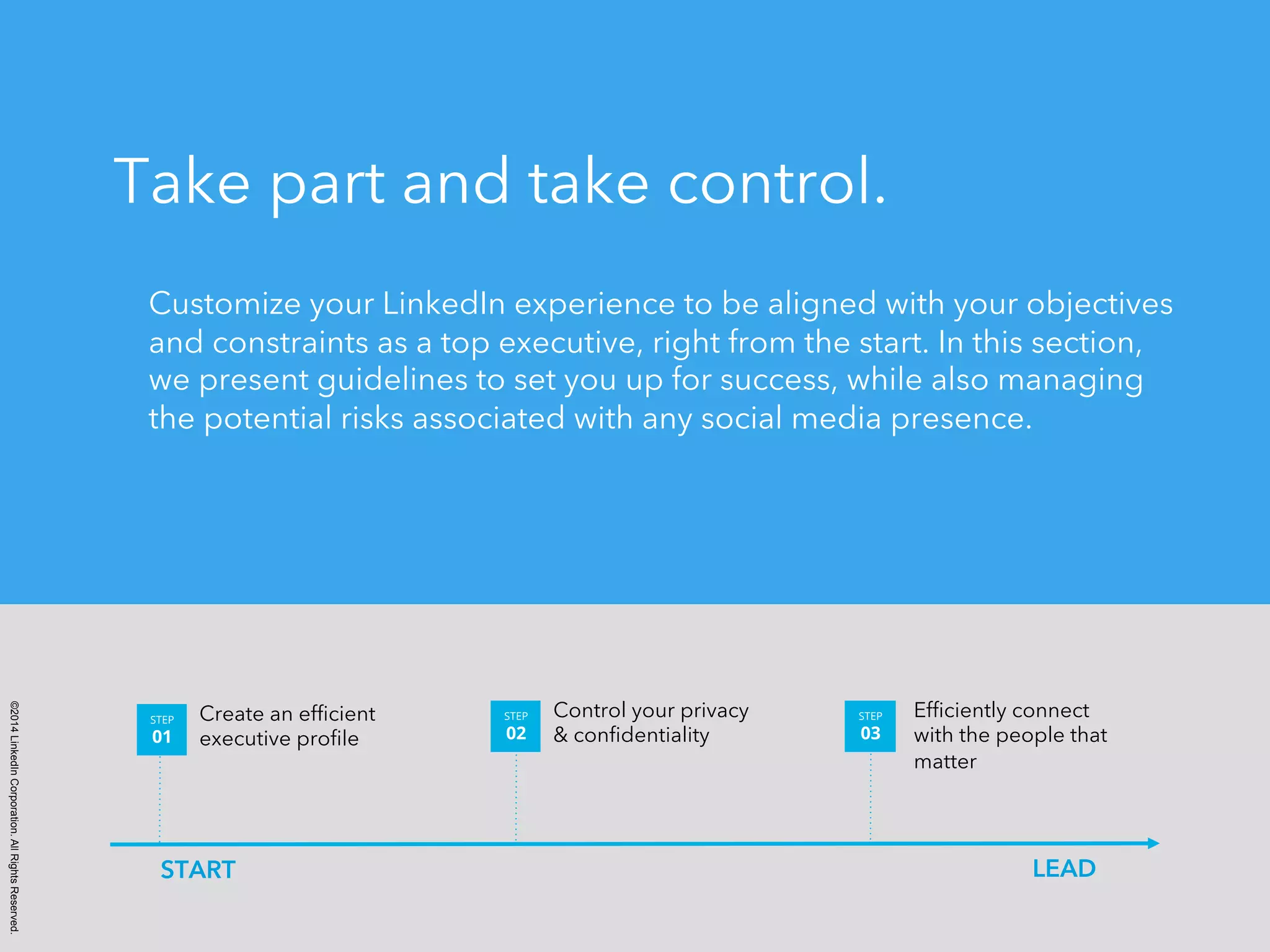 ©2014 LinkedIn Corporation. All Rights Reserved. 
Take part and take control. 
Customize your LinkedIn experience to be aligned with your objectives 
and constraints as a top executive, right from the start. In this section, 
we present guidelines to set you up for success, while also managing 
the potential risks associated with any social media presence. 
Create an efficient 
executive profile 
STEP 
01 
Control your privacy 
& confidentiality 
STEP 
02 
Efficiently connect 
with the people that 
matter 
STEP 
03 
START LEAD 
 
