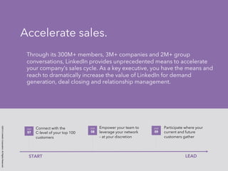 ©2014 LinkedIn Corporation. All Rights Reserved. 
Accelerate sales. 
Through its 300M+ members, 3M+ companies and 2M+ group 
conversations, LinkedIn provides unprecedented means to accelerate 
your company’s sales cycle. As a key executive, you have the means and 
reach to dramatically increase the value of LinkedIn for demand 
generation, deal closing and relationship management. 
Connect with the 
C-level of your top 100 
customers 
STEP 
07 
Empower your team to 
leverage your network 
– at your discretion 
STEP 
08 
Participate where your 
current and future 
customers gather 
STEP 
09 
START LEAD 
 
