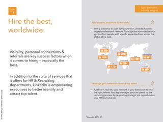 ©2014 LinkedIn Corporation. All Rights Reserved. 
Gain distinctive 
STEP industry insights 
11 
Hire the best, 
worldwide. 
Visibility, personal connections & 
referrals are key success factors when 
it comes to hiring – especially the 
best. 
In addition to the suite of services that 
it offers for HR & Recruiting 
departments, LinkedIn is empowering 
executives to better identify and 
attract top talent. 
Find experts, anywhere in the world 
• With a presence in over 200 countries*, LinkedIn has the 
largest professional network. Through the advanced search 
you can find people with specific expertise from across the 
globe, at no cost. 
Leverage your network to source top talent 
• Just like in real life, your network is your best asset to find 
the right talents. As a top manager you can speed up the 
recruiting process by re-posting strategic job opportunities 
your HR team shared. 
*LinkedIn, 2014 Q1 
 