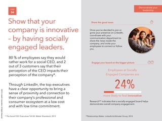 ©2014LinkedInCorporation.AllRightsReserved.
80 % of employees say they would
rather work for a social CEO, and 2
out of 3 customers say that their
perception of the CEO impacts their
perception of the company*.
Through LinkedIn, the top executives
have a clear opportunity to bring a
sense of proximity and connection to
their company’s professional and
consumer ecosystem at a low cost
and with low time commitment.
Demonstrate your
leadershipSTEP
04
Show that your
company is innovative
– by having socially
engaged leaders.
* The Social CEO: Executives Tell All, Weber Shandwick, 2013
Share the good news
Once you’ve decided to join or
grow your presence on LinkedIn,
coordinate with your
communication department to
share the news inside the
company, and invite your
employees to connect or follow
you.
Engage your board on the bigger picture
Research** indicates that a socially engaged board helps
demonstrate overall company engagement.
more likely to feel innovative
Employees at Socially
Engaged Companies are
**Relationships Matter, LinkedIn & Altimeter Group, 2014
 