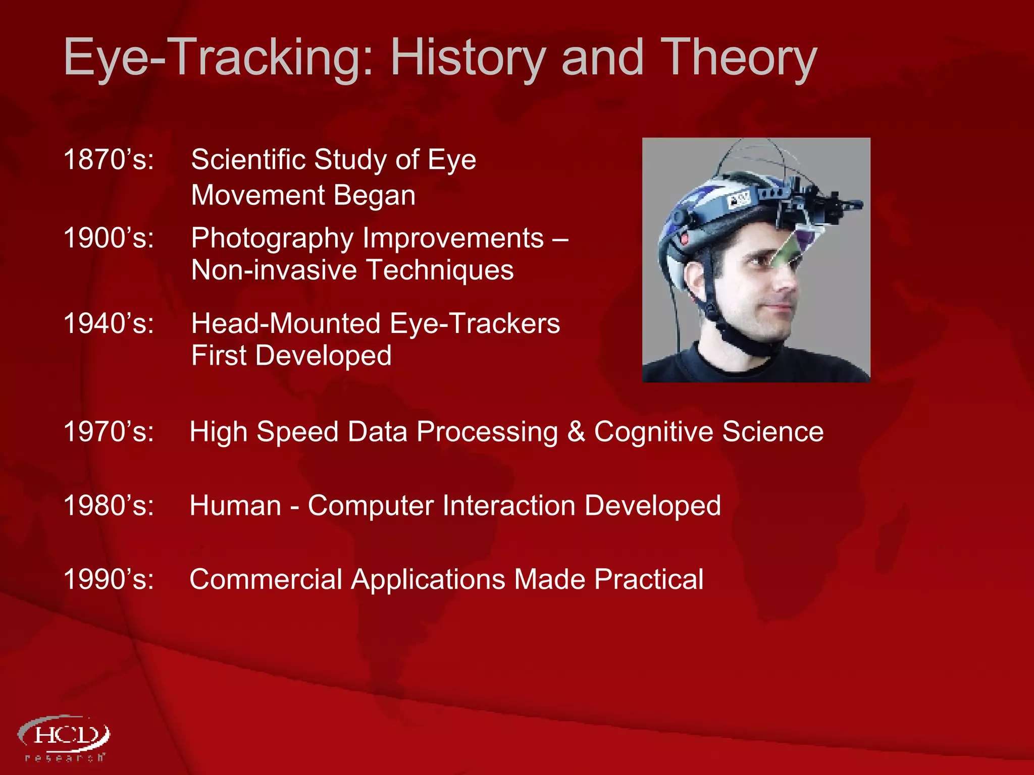 Eye-Tracking: History and Theory 1870’s: Scientific Study of Eye Movement Began 1900’s: Photography Improvements – Non-invasive Techniques 1940’s: Head-Mounted Eye-Trackers First Developed 1970’s:   High Speed Data Processing & Cognitive Science 1980’s:   Human - Computer Interaction Developed 1990’s:   Commercial Applications Made Practical 