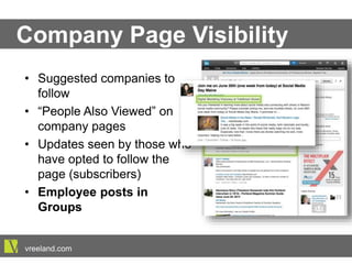 Company Page Visibility
•  Suggested companies to follow
•  “People Also Viewed” on
company pages
•  Updates seen by those who
have opted to follow the page
(subscribers)
•  Employee posts in Groups
vreeland.com
 