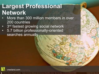 Largest Professional Network
•  More than 300 million members in over
200 countries
•  3rd fastest growing social network
•  5.7 billion professionally-oriented
searches annually
vreeland.com
 