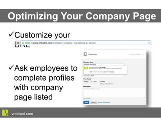 Optimizing Your Company Page
ü Customize your URL
ü Ask employees to
complete profiles
with company page
listed
vreeland.com
 