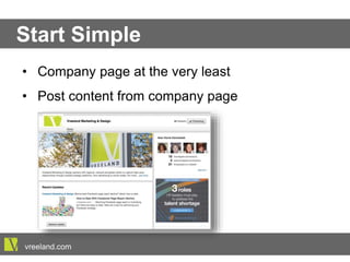 •  Company page at the very least
•  Post content from company page
Start Simple
vreeland.com
 