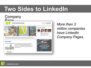 Two Sides to LinkedIn
More than 3 million
companies have
LinkedIn Company
Pages.
Company Page
vreeland.com
 