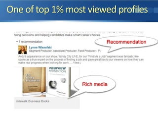 One of top 1% most viewed profiles
Recommendation
Rich media
 