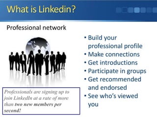 Professional network
• Build your
professional profile
• Make connections
• Get introductions
• Participate in groups
• Get recommended
and endorsed
• See who’s viewed
you
Professionals are signing up to
join LinkedIn at a rate of more
than two new members per
second!
 