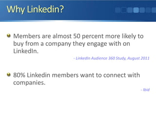 Why Linkedin?
Members are almost 50 percent more likely to
buy from a company they engage with on
LinkedIn.
- LinkedIn Audience 360 Study, August 2011
80% Linkedin members want to connect with
companies.
- Ibid
 
