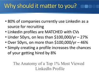 • 80% of companies currently use Linkedin as a
source for recruiting
• Linkedin profiles are MATCHED with CVs
• Under 50yrs, on less than $100,000/yr – 27%
• Over 50yrs, on more than $100,000/yr – 46%
• Simply creating a profile increases the chances
of your getting hired by 8%
The Anatomy of a Top 1% Most Viewed
LinkedIn Profile
 
