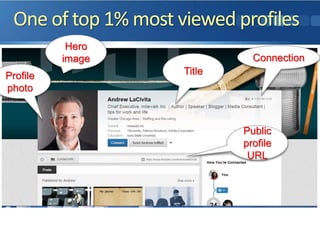 One of top 1% most viewed profiles
Hero
image
Profile
photo
Title
Public
profile
URL
Connection
 