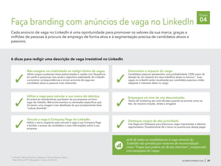 Demonstre o impacto do cargo.
Candidatos passivos apresentam uma probabilidade 120% maior de
desejar ter um impacto em seus trabalhos atuais ou futuros.5
Suas
vagas no LinkedIn serão visualizadas por candidatos passivos, então
desperte o interesse deles no cargo.
✓
Faça branding com anúncios de vaga no LinkedIn
Cada anúncio de vaga no LinkedIn é uma oportunidade para promover os valores da sua marca, graças a
milhões de pessoas à procura de emprego de forma ativa e à segmentação precisa de candidatos ativos e
passivos.
Não exagere na criatividade ao redigir títulos de vagas.
Utilize cargos e palavras-chave padronizadas e usadas com frequência
em perfis e pesquisas. Isso ajuda o algoritmo patenteado do LinkedIn
a encontrar correspondências e enviar anúncios de vaga aos
candidatos ativos e passivos mais relevantes.
✓
Vincule a vaga à Company Page do LinkedIn.
Utilize o menu suspenso para vincular a vaga à sua Company Page
e facilitar o acesso de candidatos a mais informações sobre a sua
empresa.
✓
Utilize a vaga para veicular a sua marca de talentos.
Enumere as características que fazem da sua empresa um bom
lugar de trabalho. Mencione eventos ou atividades específicas que
fornecem uma imagem mais detalhada do que simplesmente dizer
"cultura divertida".
✓
Empregue um tom de voz descontraído.
Textos de marketing são mais eficazes quando se escreve como se
fala: de maneira simples, direta e amigável.
✓
6 dicas para redigir uma descrição de vaga irresistível no LinkedIn
br.talent.linkedin.com | 29
Etapa
04
5
LinkedIn Talent Solutions, Getting To Know Passive Talent,
http://lnkd.in/PT-infographic1 (maio de 2012).
50% de todas as candidaturas à vaga através do
LinkedIn são geradas por motores de recomendação
como "Vagas que podem ser de seu interesse", comparado
com pesquisas de vagas.
Destaque cargos de alta prioridade.
Use Vagas em Destaque para direcionar vagas importantes a talentos
segmentados. Simplesmente dê o lance na quantia que deseja pagar.✓
 
