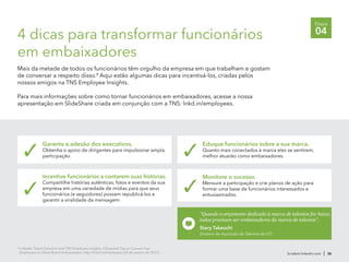 br.talent.linkedin.com | 36br.talent.linkedin.com | 36
Etapa
044 dicas para transformar funcionários
em embaixadores
Mais da metade de todos os funcionários têm orgulho da empresa em que trabalham e gostam
de conversar a respeito disso.8
Aqui estão algumas dicas para incentivá-los, criadas pelos
nossos amigos na TNS Employee Insights.
Para mais informações sobre como tornar funcionários em embaixadores, acesse a nossa
apresentação em SlideShare criada em conjunção com a TNS: lnkd.in/employees.
8
LinkedIn Talent Solutions and TNS Employee Insights, 4 Essential Tips to Convert Your
Employees to Talent Brand Ambassadors, http://lnkd.in/employees (29 de janeiro de 2012).
"Quando o orçamento dedicado à marca de talentos for baixo,
todos precisam ser embaixadores da marca de talentos".
Stacy Takeuchi
Diretora de Aquisição de Talentos da UTI
Eduque funcionários sobre a sua marca.
Quanto mais conectados à marca eles se sentirem,
melhor atuarão como embaixadores.✓
Garanta a adesão dos executivos.
Obtenha o apoio de dirigentes para impulsionar ampla
participação.✓
Incentive funcionários a contarem suas histórias.
Compartilhe histórias autênticas, fotos e eventos da sua
empresa em uma variedade de mídias para que seus
funcionários (e seguidores) possam republicá-los e
garantir a viralidade da mensagem.
✓
Monitore o sucesso.
Mensure a participação e crie planos de ação para
formar uma base de funcionários interessados e
entusiasmados.
✓
 