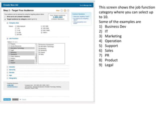 This screen shows the job function category where you can select up to 10. Some of the examples areBusiness DevITMarketingOperationSupportSalesPRProductLegal
