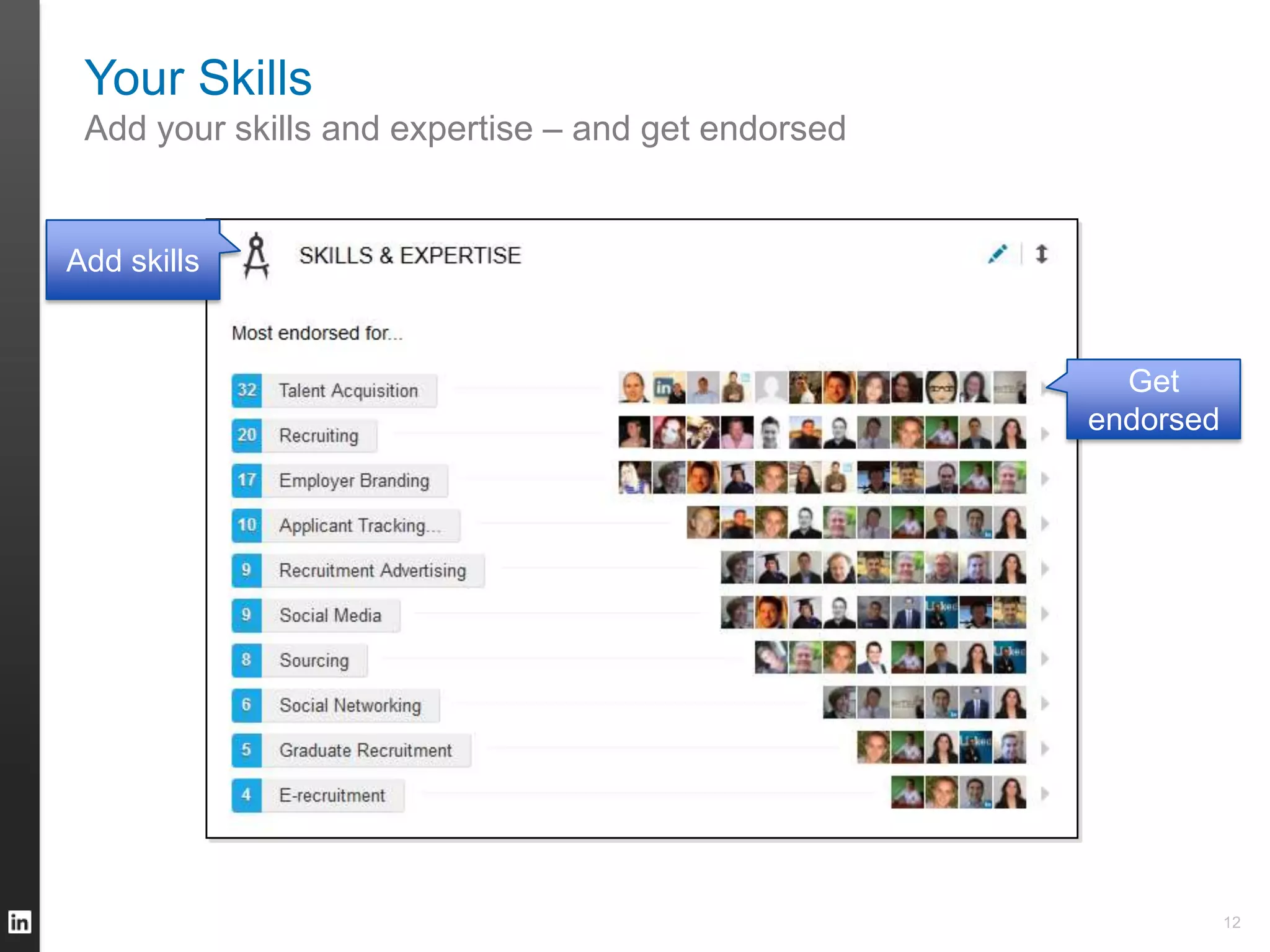 Your Skills
Add your skills and expertise – and get endorsed
Add skills
Get
endorsed
12
 