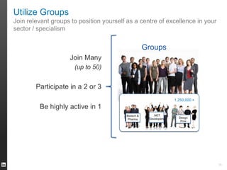 Utilize Groups
Join relevant groups to position yourself as a centre of excellence in your
sector / specialism
Join Many
(up to 50)
Participate in a 2 or 3
Be highly active in 1
Groups
.NET
Developers
Biotech &
Pharma
Design
Pros
1,250,000 +
26
 
