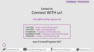 ForwardProgress.NET facebook.com/ForwardProgresscoachme@ForwardProgress.NET @FwdProgressInc
Connect WITH us!
dean@forwardp...