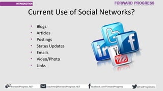 Current Use of Social Networks? 
• Blogs 
• Articles 
• Postings 
• Status Updates 
• Emails 
• Video/Photo 
• Links 
Forw...