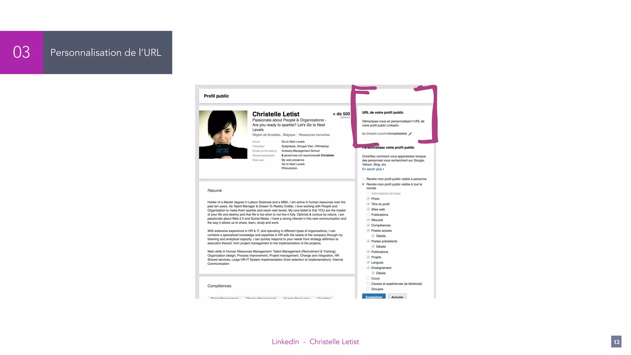 LinkedIn - Christelle Letist 12
Personnalisation de l’URL03
 