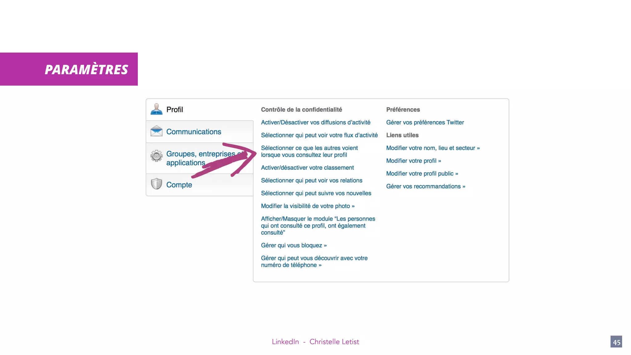 LinkedIn - Christelle Letist 45
PARAMÈTRES
 