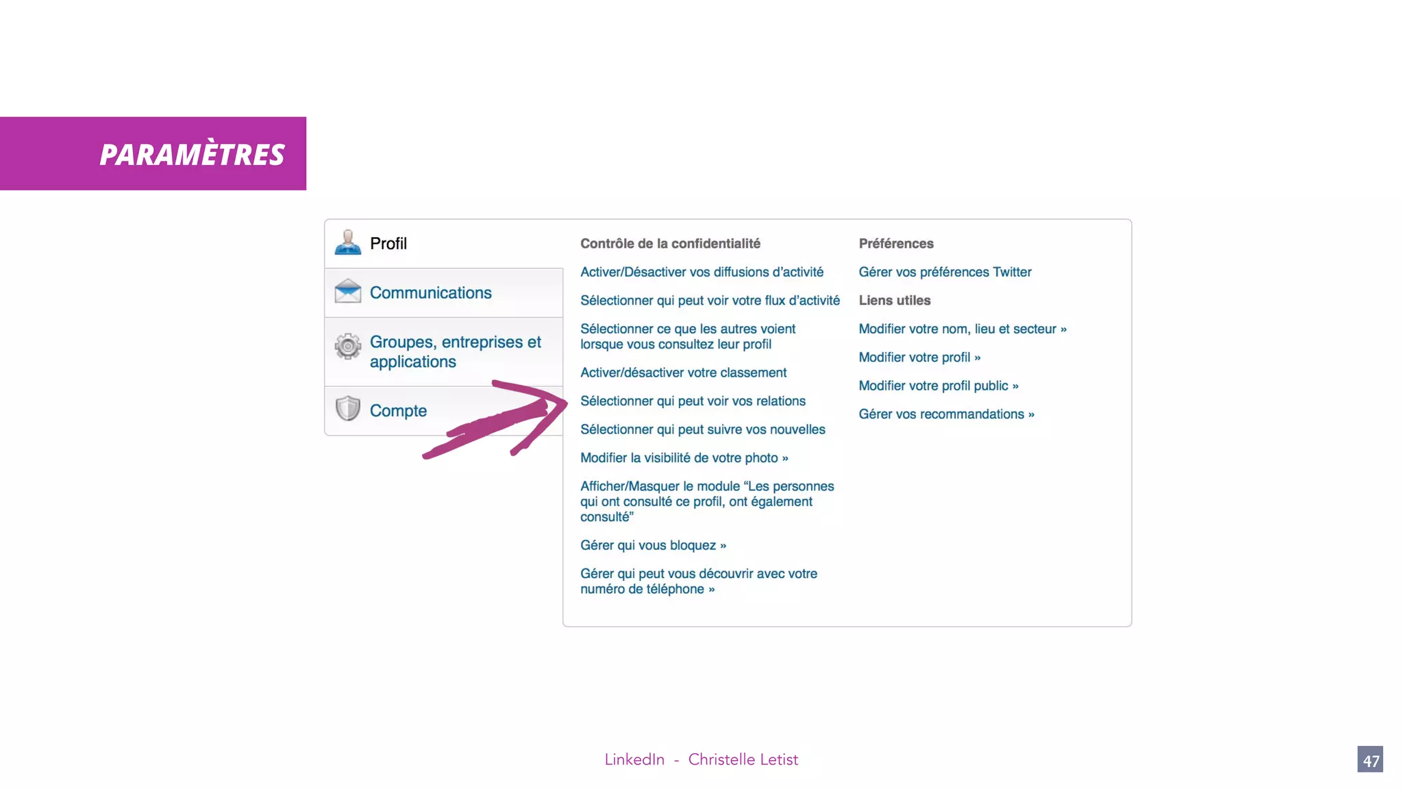 LinkedIn - Christelle Letist 47
PARAMÈTRES
 