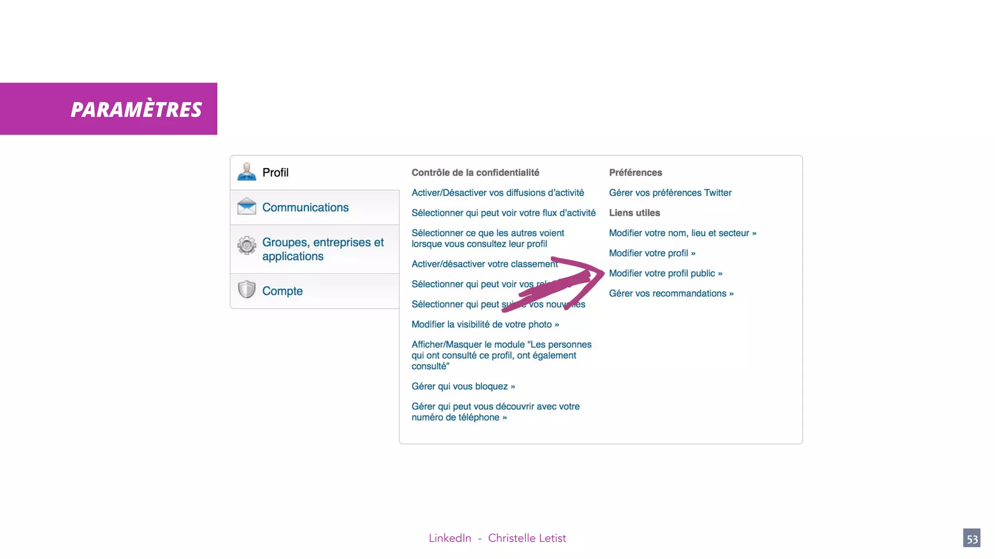LinkedIn - Christelle Letist 53
PARAMÈTRES
 
