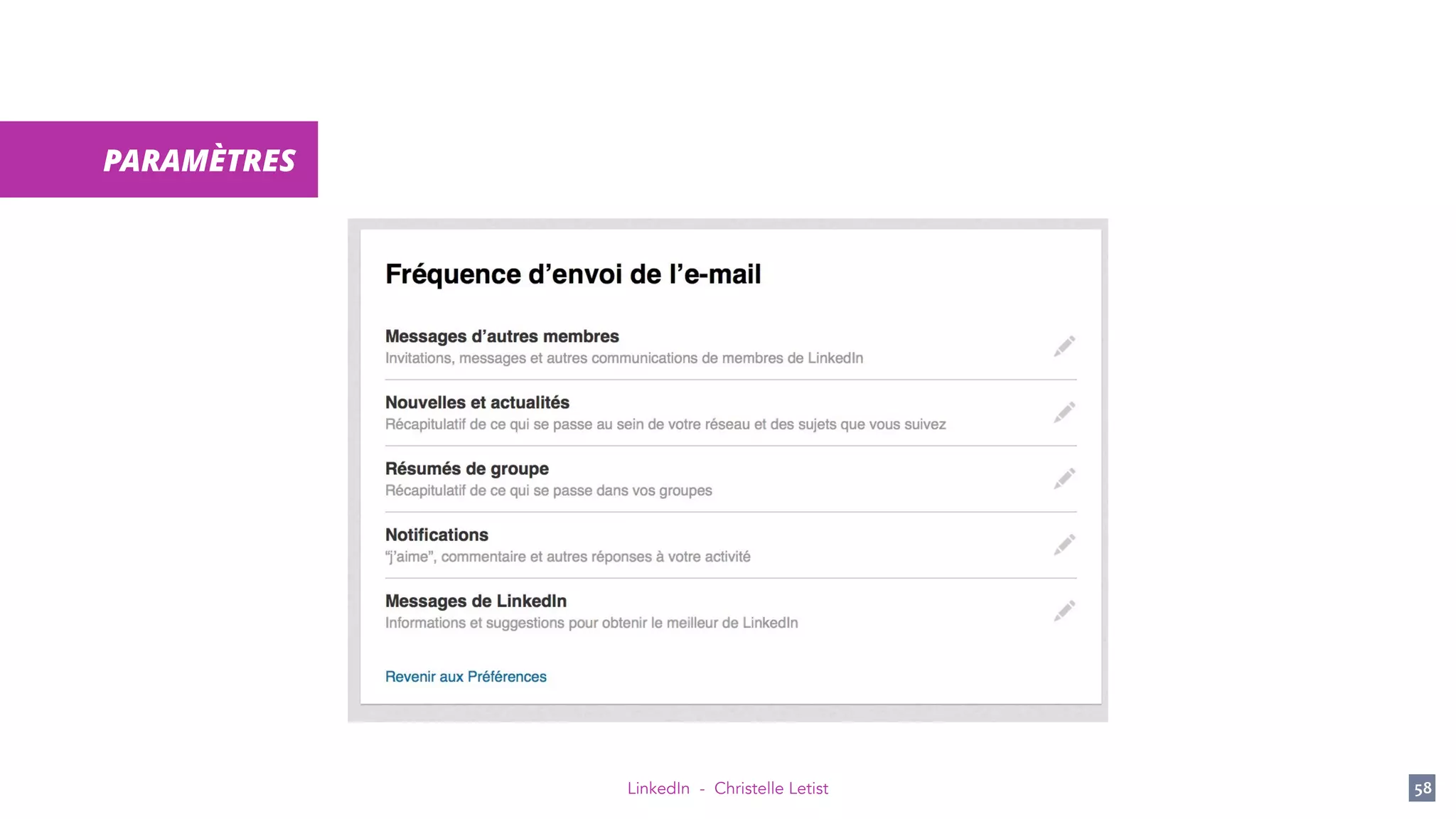 LinkedIn - Christelle Letist 58
PARAMÈTRES
 