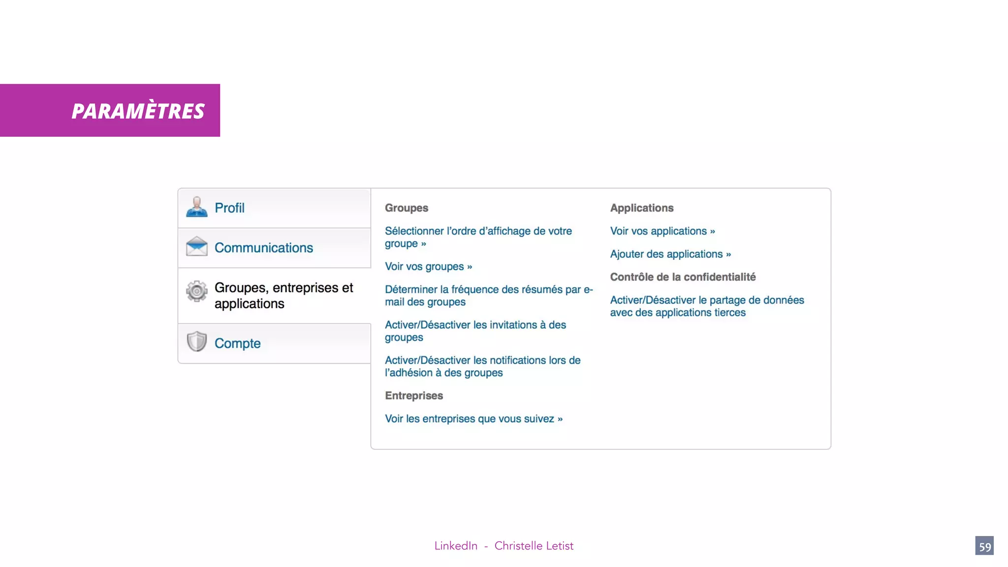 LinkedIn - Christelle Letist 59
PARAMÈTRES
 